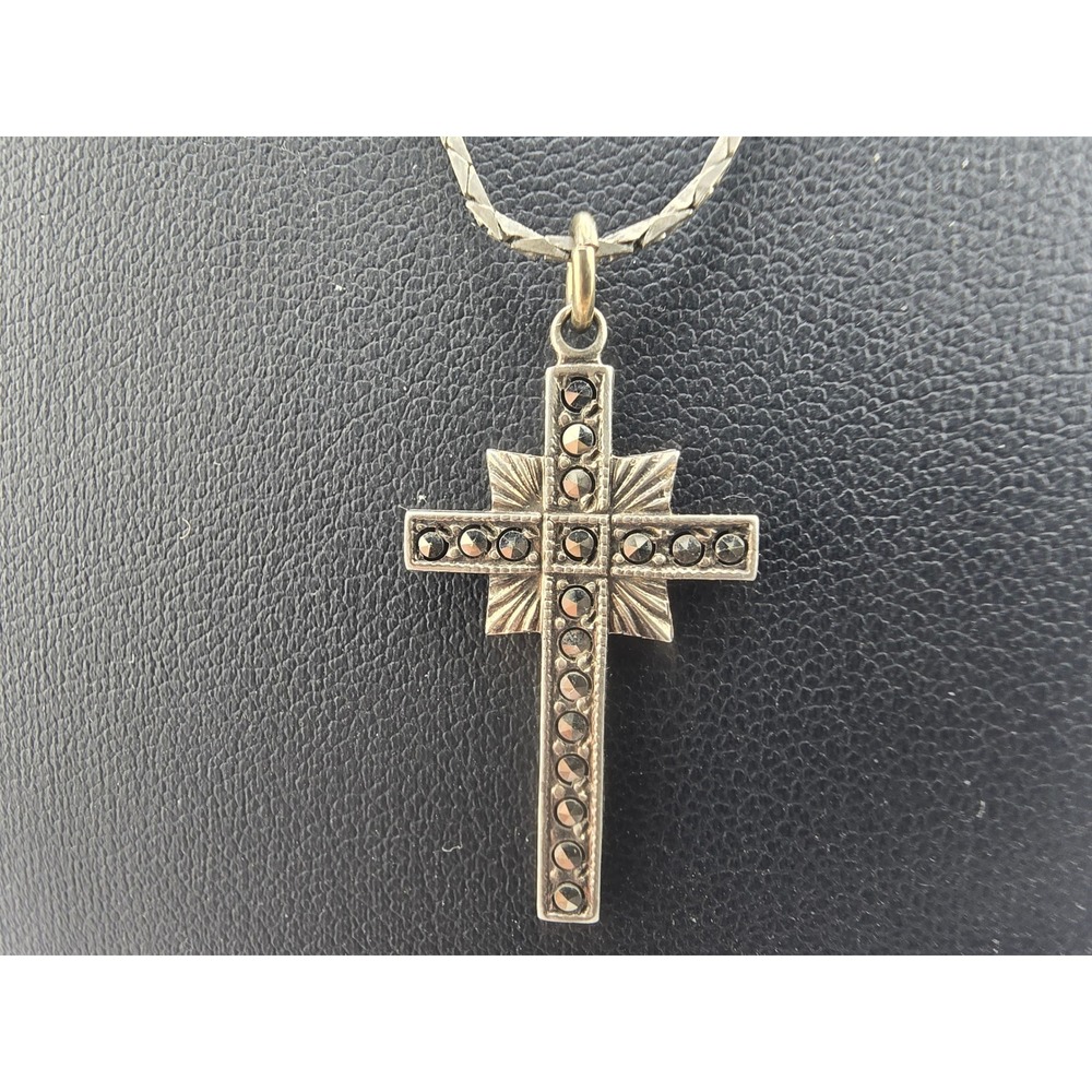 Vintage Theda Sterling Estate Cross Necklace Marcasite Religious Pendant 18in